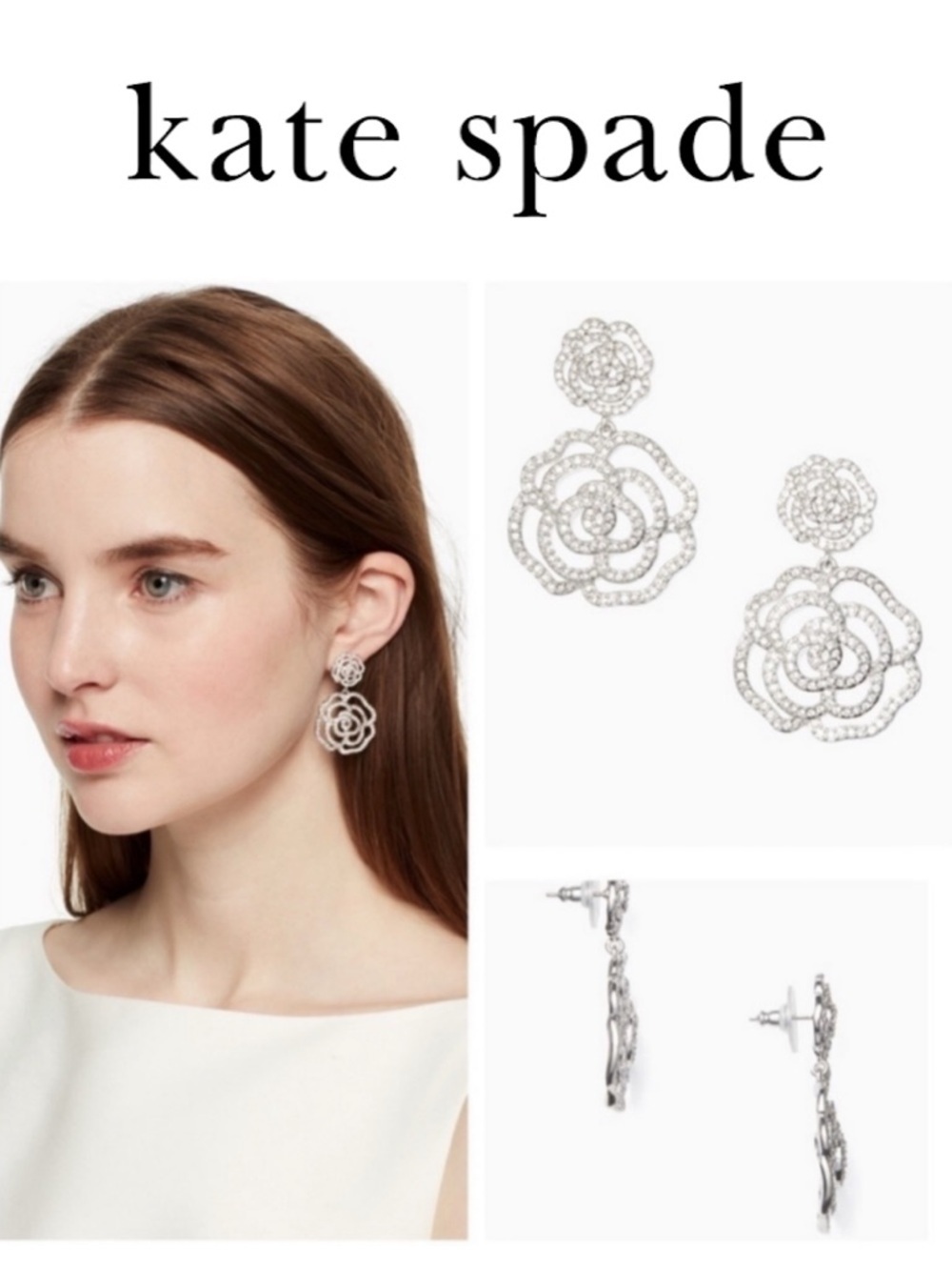 Kate Spade Crystal Flowers Rose Drop Dangle Earrings NWT Super Rare